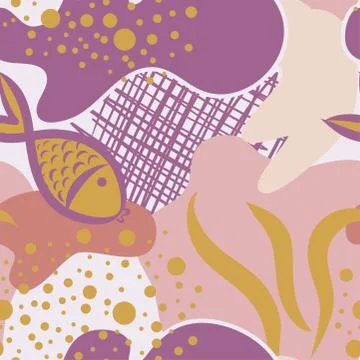 Seamless abstract pattern pastel colors. funny  drawing with hand drawn fish. Stock Illustration