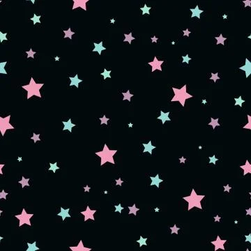 Seamless abstract pattern with pink and blue sharp stars on black background. Stock Illustration