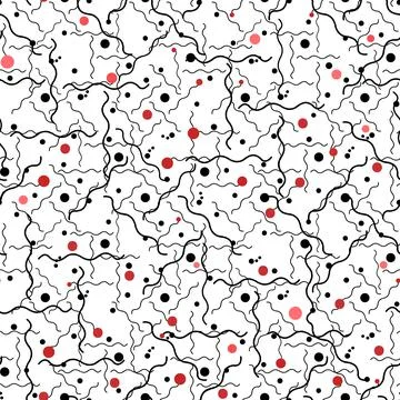 Seamless abstract pattern of red circles and black waves on a white background 스톡 일러스트
