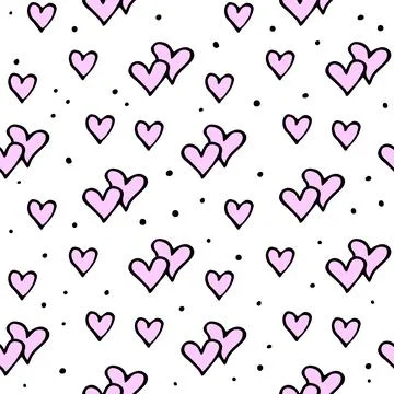 Seamless abstract pattern of small pink contour hearts. Hand drawn doodle b.. Stock Illustration
