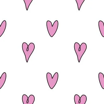 Seamless abstract pattern of small pink contour hearts. Hand drawn doodle b.. Illustrazione stock