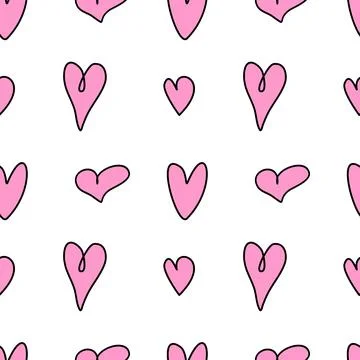 Seamless abstract pattern of small pink contour hearts. Hand drawn doodle bac 스톡 일러스트