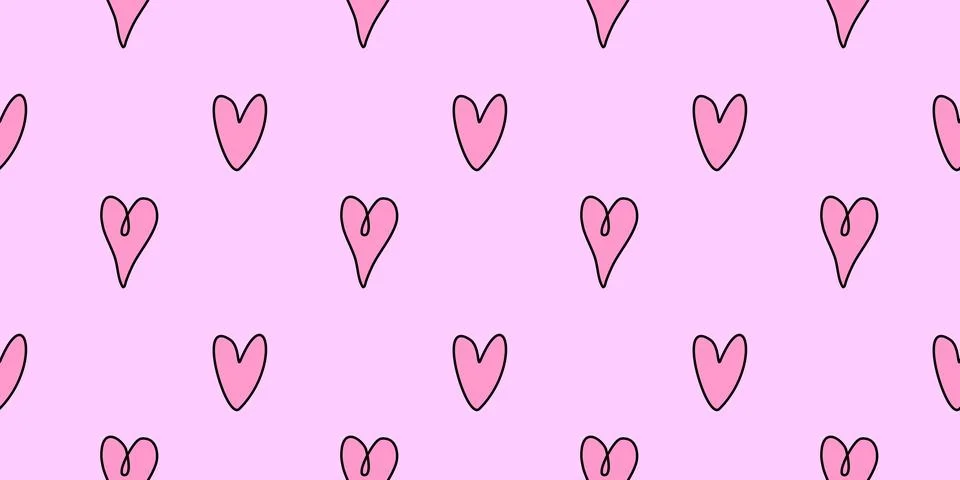 Seamless abstract pattern of small pink contour hearts. Hand drawn doodle b.. Illustrazione stock