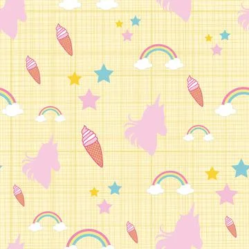 Seamless abstract pattern unicorn silhouette, rainbow, stars and ice cream on Stock Illustration