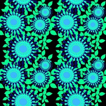 Seamless abstract round blossoms turquoise with green leaves on black Stock Illustration