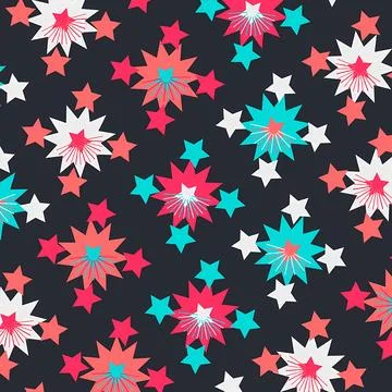 Seamless Abstract Starburst Pattern with Retro Stars in Coral, Turquoise, Stock Illustration