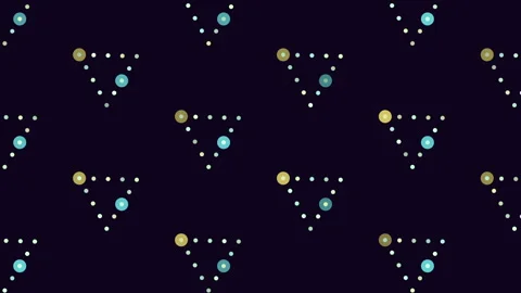Seamless abstract triangle dot pattern animation with colorful circles on dark Stock Footage 334139485