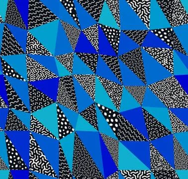 Seamless abstract vector collage retro quilt patterns in black, grays and blue Stockillustratie