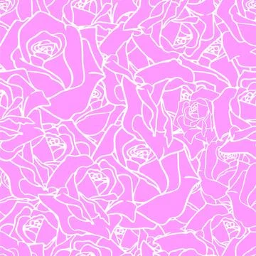 Seamless abstract white contour pattern of rose buds on a pink background Stock Illustration