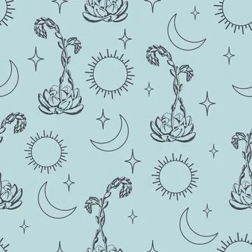 Seamless aesthetic pattern with blossom cactus on desert. Print on light blue イラスト素材