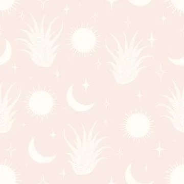 Seamless aesthetic pattern with blossom cactus on desert. Stock Illustration