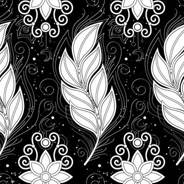 Seamless Aesthetic Pattern with Mystical Cosmic Feather and Flowers on Black Illustrazione stock