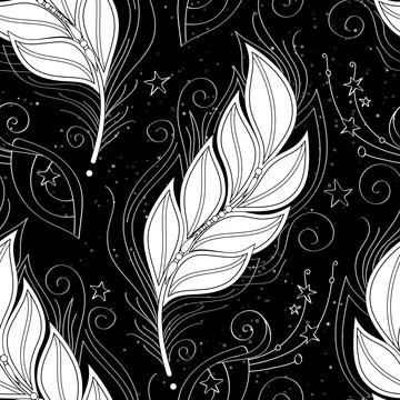 Seamless Aesthetic Pattern with Mystical Cosmic Feather on Black Illustrazione stock