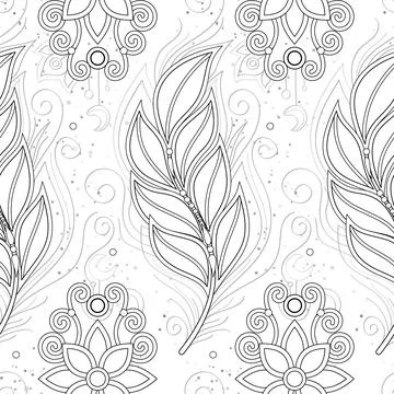 Seamless Aesthetic Pattern with Mystical Cosmic Feather and Flowers on White Stock Illustration