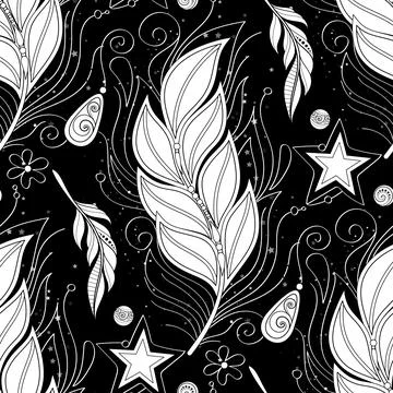 Seamless Aesthetic Pattern with Mystical Elegant Feather, Beads, Stars and .. Illustrazione stock