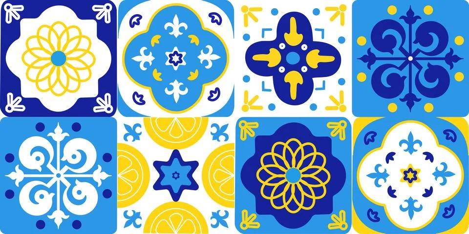 Seamless Amalfi Mediterranean tile pattern with blue, yellow, and white cer.. Stock Illustration