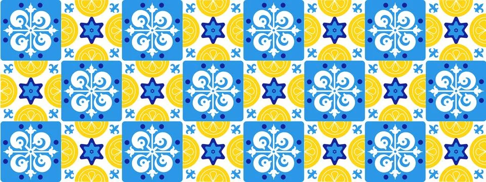 Seamless Amalfi Mediterranean tile pattern with blue, yellow, and white cer.. Stock Illustration