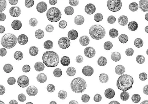 Seamless ancient coins pattern with black background for textile print. Stock Illustration
