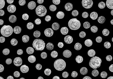 Seamless ancient coins pattern with black background for textile print. Stock Illustration