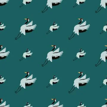 Seamless animal cartoon pattern with light crane bird print. Turquoise green  Stock Illustration