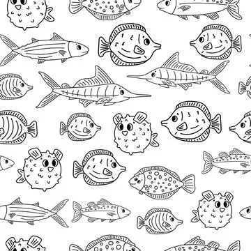 Seamless animal Doodle pattern isolated. Set of outline cartoon vector fish,  Stock Illustration
