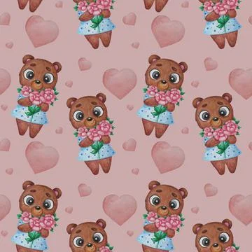 Seamless animal pattern. Cute brown bear - a girl with a bouquet of flowers o Stock Illustration