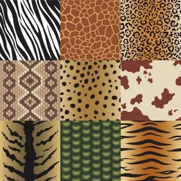 Seamless animal skin patterns set. Safari textile of Giraffe, tiger, zebra Illustrazione stock