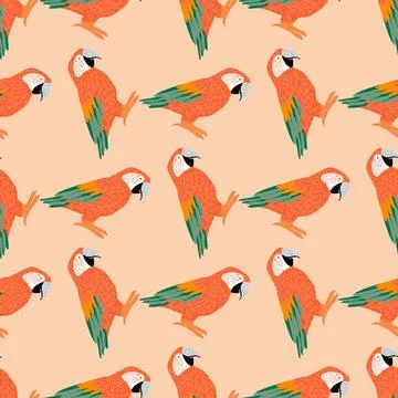 Seamless animal tropic pattern with orange and green colored ara parrot eleme Stock Illustration