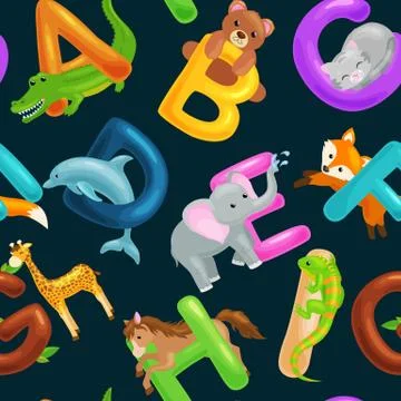 Seamless animals alphabet pattern for kids abc education in preschool. Stock Illustration