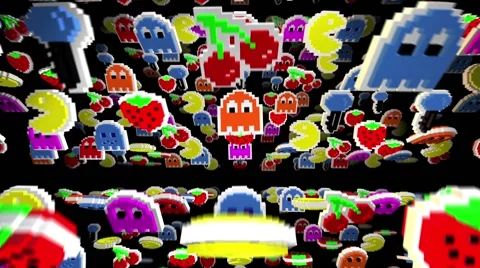 Seamless animated background of elements inspired in Pacman arcade videogame. Stock Footage 64340156