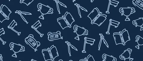 Seamless animated pattern of school supplies and trophy icons on dark blue 스톡 동영상 346947033