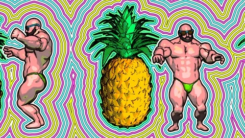 Seamless animation of bodybuilder dancing and pineapples.  Funny summer Stock Footage 307379456