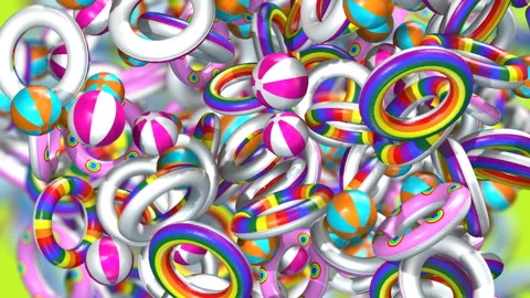 Seamless animation of a bunch of bouncing rings, balls and inflatables. Funny Stockbeeldmateriaal 115324446
