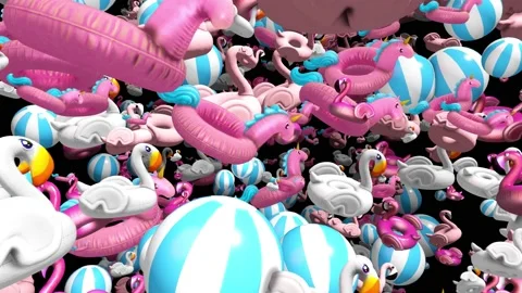 Seamless animation of a bunch of bouncing rings, balls and inflatables. Funny Stock Footage 160966400