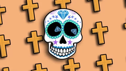 Seamless animation of cartoon mexican candy skull with crosses. Halloween funny Stock Footage 267154879