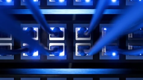 Seamless animation. Close-up of a modern internet switch with connected Ethernet Stock Footage 317447103