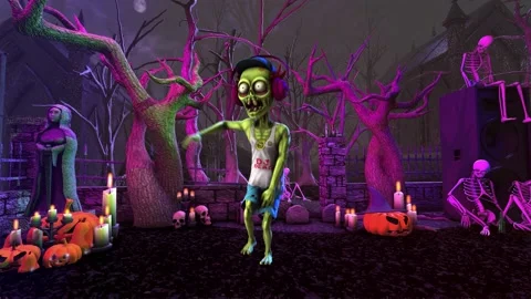 Seamless animation of a clubber zombie house dancing in a party in a graveyard. Stock Footage