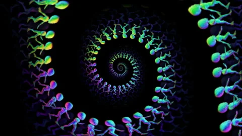 Seamless animation of a crowd of psychedelic swirl of rainbow walking aliens. Video stock 245448009