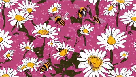 Seamless animation with daisy garden and bee cartoons on Stock Footage 220125065
