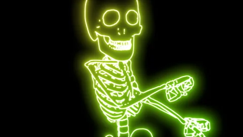 Seamless animation of a dancing skeleton. Funny halloween background with neon Video stock 284422650