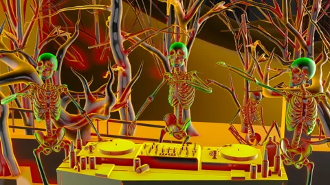 Seamless animation of a DJ skeleton and glass skeletons dancers in a cemetery at Vidéo 248595050