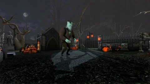 Seamless animation of Frankenstein monster dancing salsa in a graveyard. Funny Stock Footage 97500055