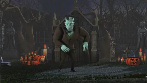 Seamless animation of Frankenstein monster dancing salsa in a graveyard. Funny Stock Footage 97500363
