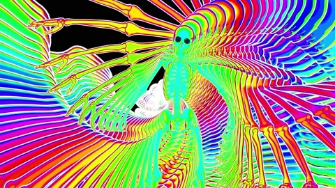 Seamless animation funny dancing skeletons rainbow feedback style cartoon. Funny Stockbeeldmateriaal 139332441