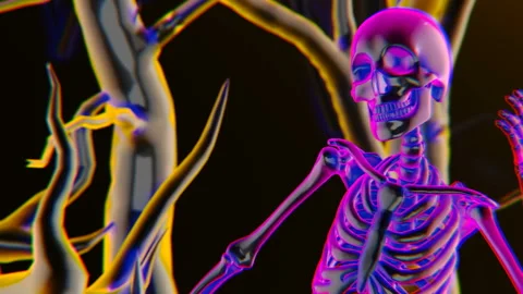 Seamless animation of a glass skeleton dancing in a cemetery disco. Funny Video stock 248594214