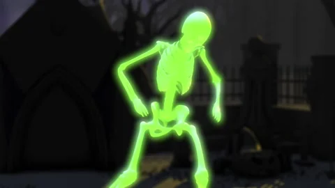 Seamless animation of a glowing skeleton dancing salsa in a cemetery at night. Vidéo 150360848