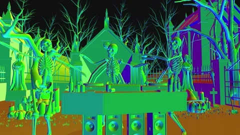 Seamless animation of a glowing skeletons dancing salsa in a cemetery at night. Video stock 151090239
