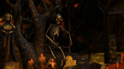 Seamless animation of a gold skeleton dancing in a shinny cemetery at night. Vidéo 137503338
