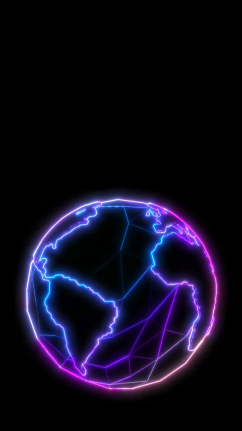 Seamless animation of low poly neon rotating earth globe with black vertical Stock Footage 311202429