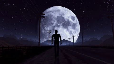 Seamless animation of man walking on a night road Silhouette go towards the moon Stock Footage 146291753